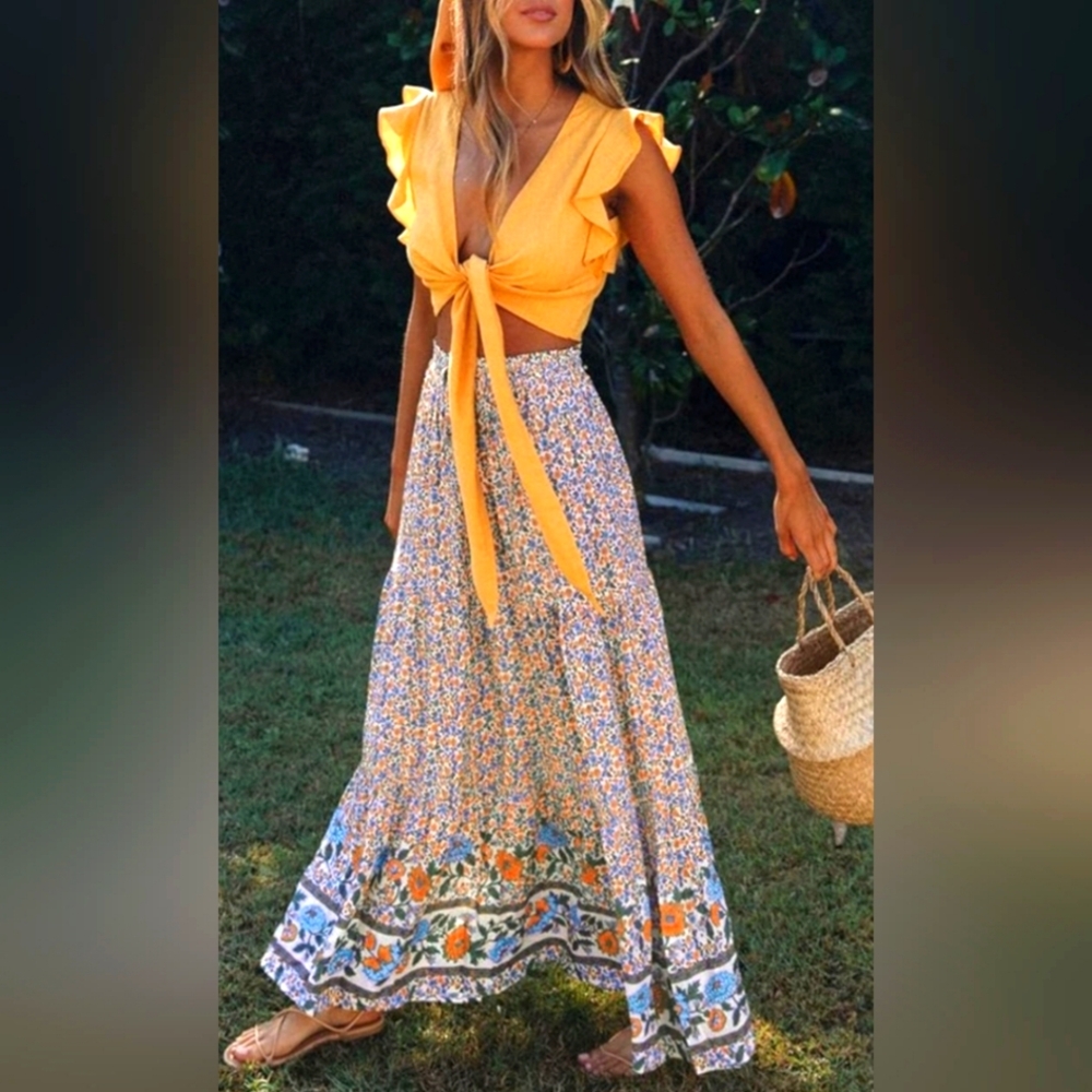 XL ZESICA Summer Bohemian Floral Elastic Drawstring Waist A-Line Maxi Skirt